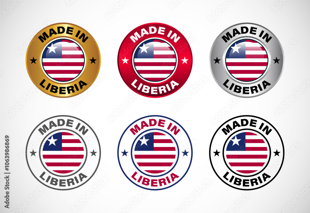 Made in Liberia label icon with flag. Icon set for business, badge, seal, sticker, logo, and symbol Made in Liberia label icon with flag. Icon set for business, badge, seal, sticker, logo, and symbol