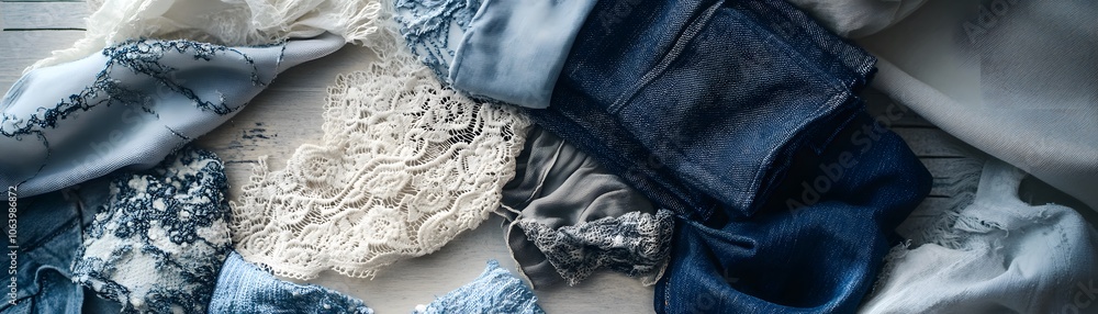 Fototapeta premium Blue and White Fabric Textures on White Wood