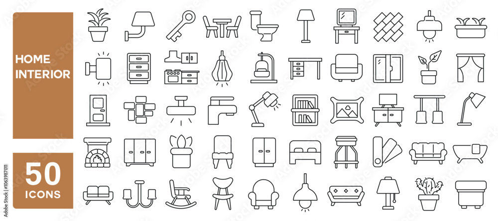 Obraz premium Set of 50 line icons related to home interior, decoration, furniture, lights, room, bath, kitchen, plants, chair, table, Editable stroke. Vector illustration