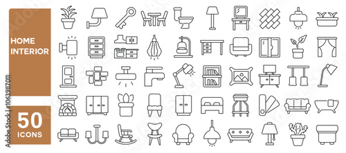 Set of 50 line icons related to home interior, decoration, furniture, lights, room, bath, kitchen, plants, chair, table, Editable stroke. Vector illustration