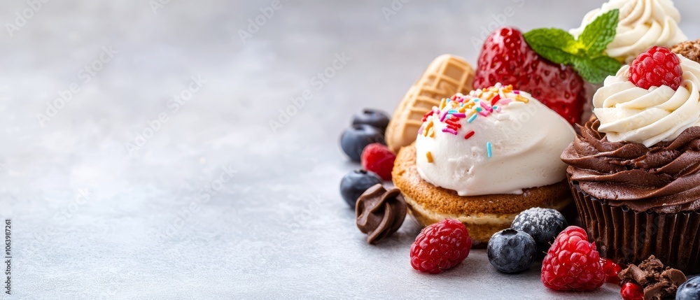 Close-up of a cupcake topped with ice cream and berries Close-up of a cupcake topped with ice cream and berries