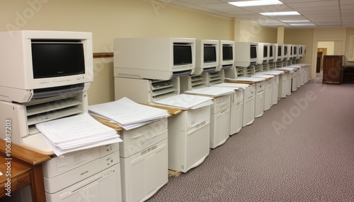 Row of white copiers with stacks of paper in a room.