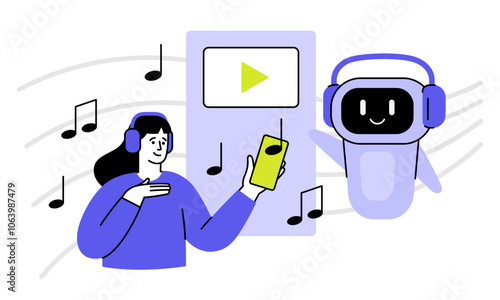 Cute robot character create music. Woman listens to music on headphones flat vector illustration. Virtual composer assistant. Artificial intelligence concept