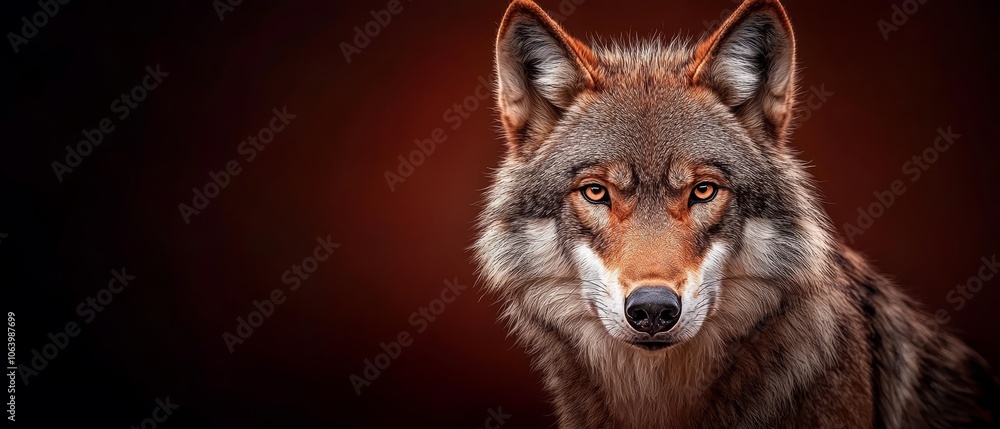 A close up of a wolf's face on a dark background A close up of a wolf's face on a dark background