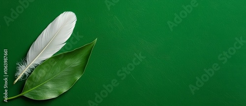  A white feather on a green leaf resting on a table ..Or, if you prefer to keep it shorter:..White feather on green