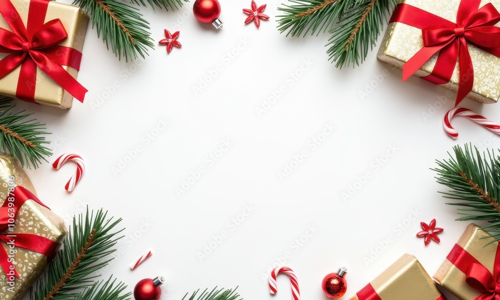 Flat lay of colorful Christmas gifts with festive decorations Flat lay of colorful Christmas gifts with festive decorations