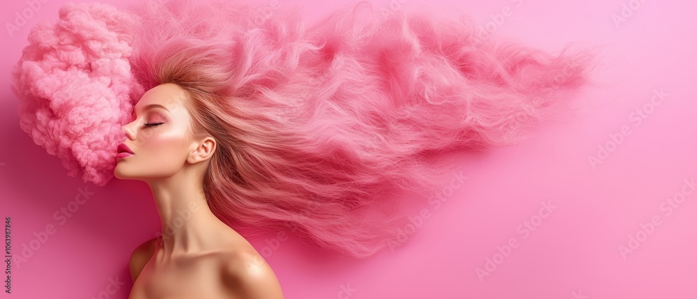 Woman with pink hair flutters in wind Woman with pink hair flutters in wind