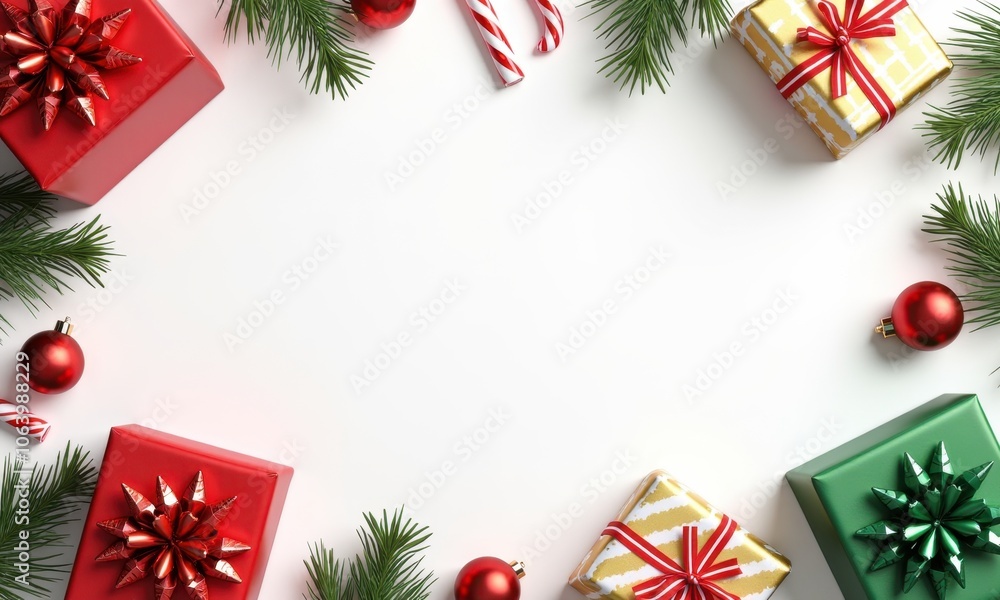 Flat lay of colorful Christmas gifts with festive decorations Flat lay of colorful Christmas gifts with festive decorations