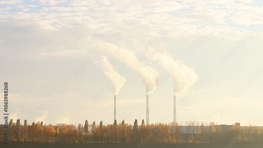 Industrial zone with a large red and white pipe thick white smoke is poured from the factory pipe in contrast to the sun. Pollution of the environment: a pipe with smoke. 4k Video Industrial zone with a large red and white pipe thick white smoke is poured from the factory pipe in contrast to the sun. Pollution of the environment: a pipe with smoke. 4k Video