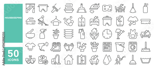 Set of 50 line icons related to housekeeping, cleaning, washing, domestic, mop, hygiene, laundry, home, service, vacuum, sponge, Editable stroke. Vector illustration