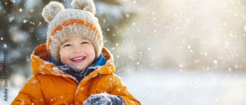  A boy, dressed in an orange jacket and hat, plays in the snow