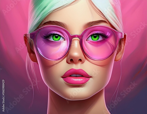 Girl green eyes with pink glasses red lips