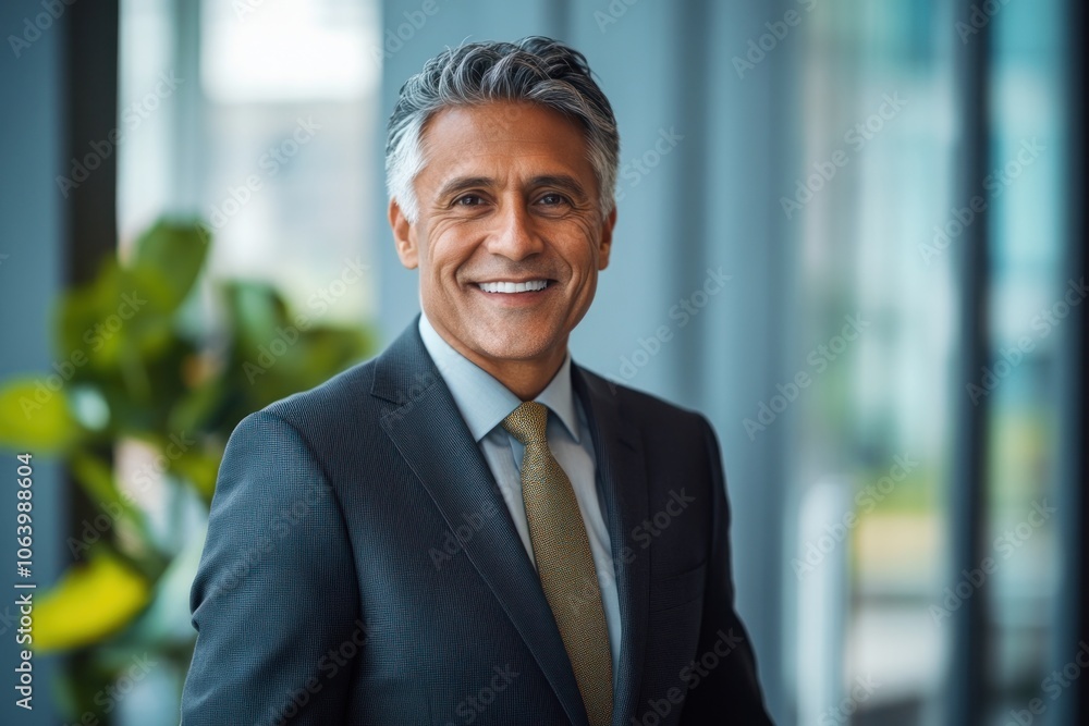 A smiling man in a suit stands confidently in an office setting. A smiling man in a suit stands confidently in an office setting.