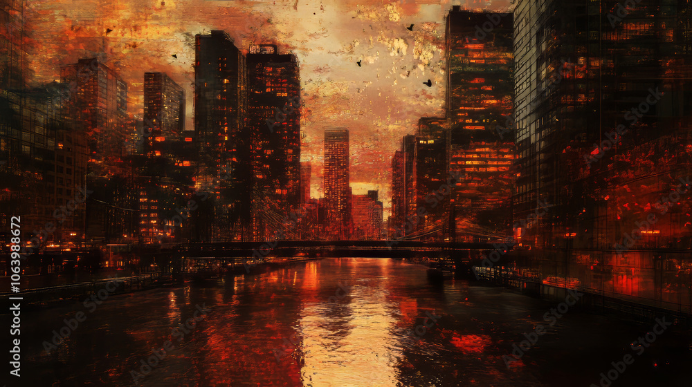 Obraz premium Fiery Cityscape: Post-Apocalyptic Urban River at Dusk