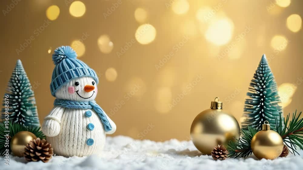 Christmas card made of fir trees, Christmas balls, knitted snowman on a golden background. Sparkling bokeh. Free space for text Christmas card made of fir trees, Christmas balls, knitted snowman on a golden background. Sparkling bokeh. Free space for text