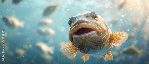  A tight shot of a fish opening its mouth underwater photo