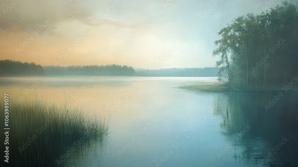 Fototapeta premium Serene Lake Sunset: Tranquil Water, Misty Shore, and Peaceful Evening