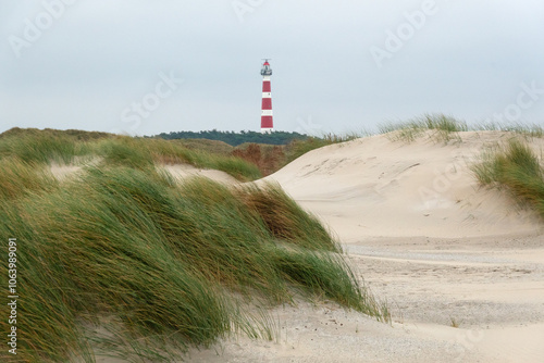 View over the dunes on the red and white lighthouse of the Dutch island Ameland