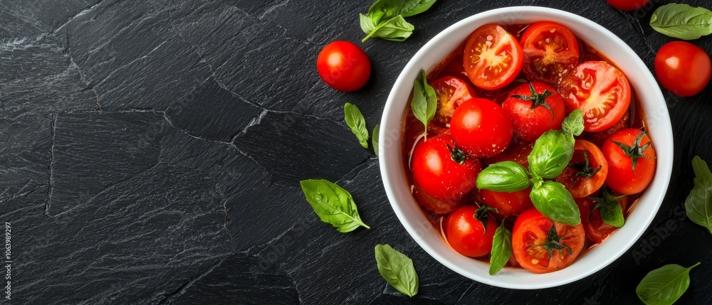 A black surface holds a bowl of cherry tomatoes and basil A black surface holds a bowl of cherry tomatoes and basil