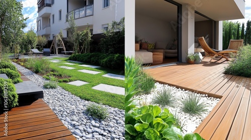 Collage, Contemporary outdoor garden with synthetic grass, stepping stones, and decorative rocks. A well-organized space with a minimalist design, perfect for a peaceful and low-maintenance retreat.