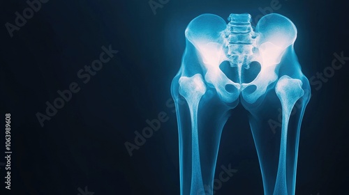 Symmetrical panoramic X-ray of the hip area showcasing bone structure and highlighting hip pain in a deep blue atmosphere photo