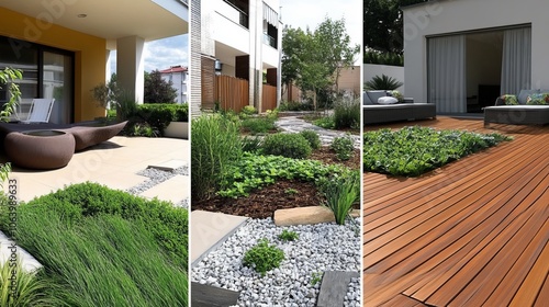 Collection of terrace layouts combining wood decks, decorative plants, wood and stone accents.
