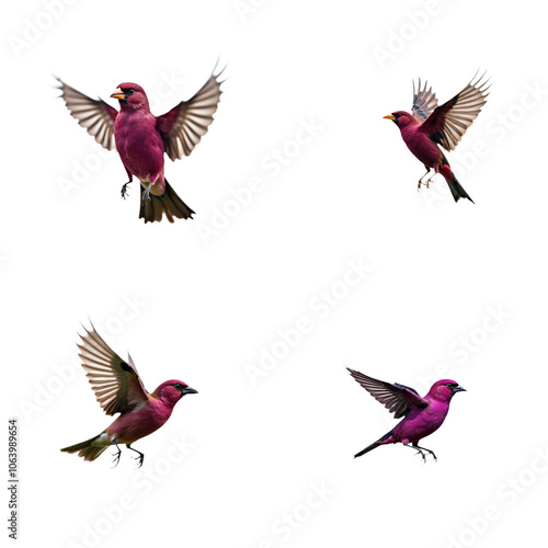 Purple finch birds in mid-air flight. Four birds flying on transparent background. One bird turns, another spreads wings, third approaches, fourth flies away. Beautiful, vibrant, colorful birds. Png. photo