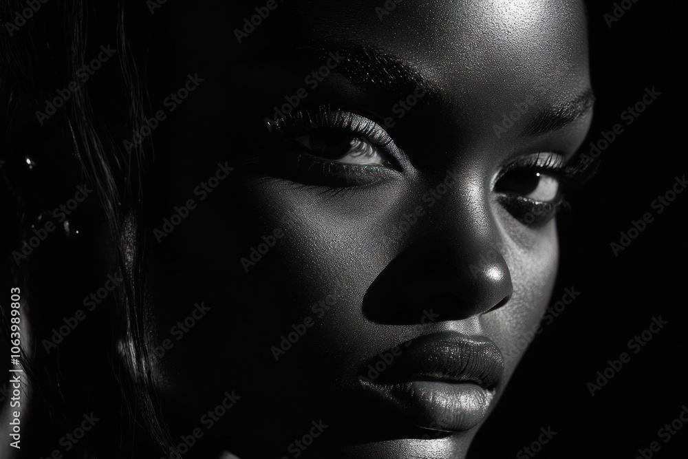 A striking black-and-white portrait highlighting facial features and expressions. A striking black-and-white portrait highlighting facial features and expressions.