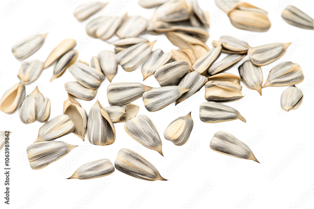 Close-up of sunflower seeds in various sizes, shapes, mostly white with brown speckles on transparent background. Hulled seeds scattered in haphazard manner, overlapping, others individual. Simple, Close-up of sunflower seeds in various sizes, shapes, mostly white with brown speckles on transparent background. Hulled seeds scattered in haphazard manner, overlapping, others individual. Simple,