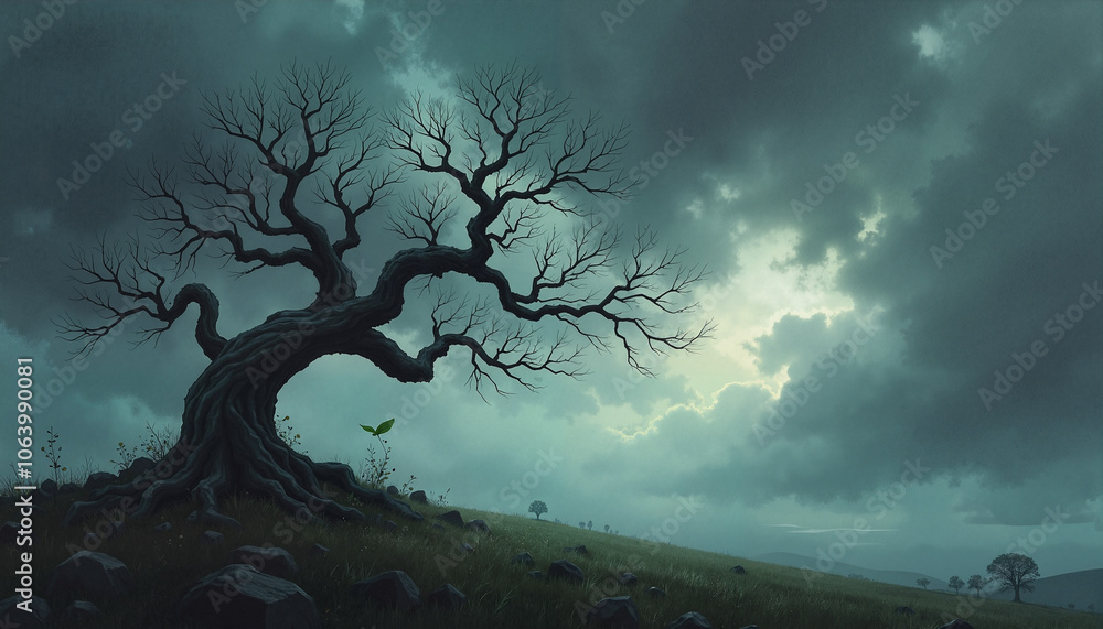 Gnarly old tree silhouette against dramatic cloudy sky in serene landscape Gnarly old tree silhouette against dramatic cloudy sky in serene landscape
