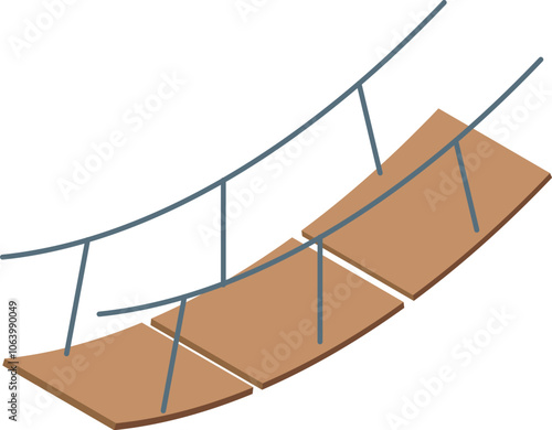Simple rope bridge structure connecting two sides with wooden planks, isolated on white background, in isometric view