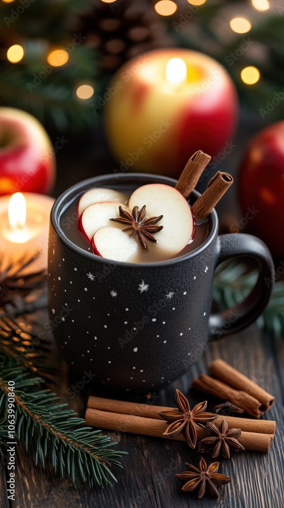 Cozy winter beverage with hot apple cider and spices in festive setting Cozy winter beverage with hot apple cider and spices in festive setting
