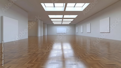 A spacious  minimalist art gallery with wooden flooring and empty white canvases.
