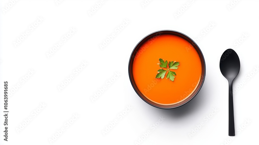 A vibrant bowl of fresh tomato soup garnished with a sprig of parsley, served with a black spoon on a white background. A vibrant bowl of fresh tomato soup garnished with a sprig of parsley, served with a black spoon on a white background.