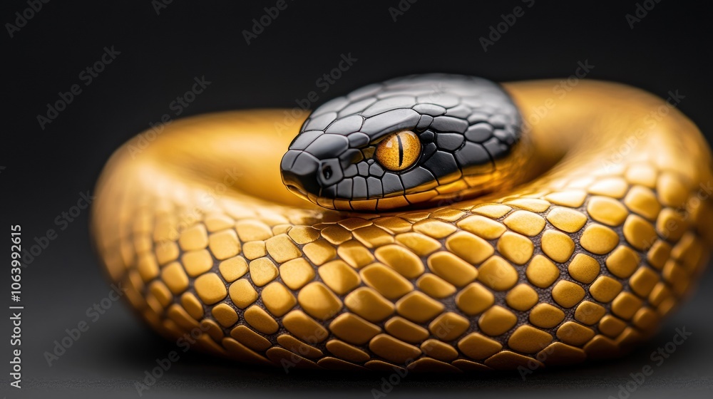 Golden snake coiled with striking black head and piercing eyes, AI Golden snake coiled with striking black head and piercing eyes, AI