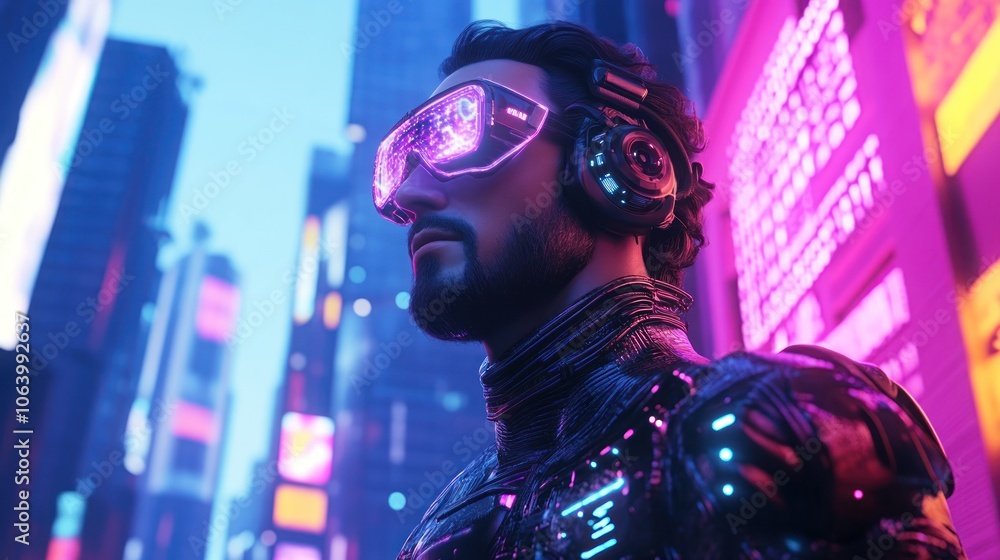 A futuristic figure in neon-lit urban surroundings, showcasing technology and style. A futuristic figure in neon-lit urban surroundings, showcasing technology and style.
