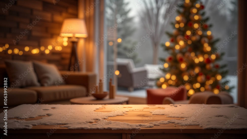 Inviting Festive Atmosphere with Wooden Table and Christmas Tree for Seasonal Product Mockups Inviting Festive Atmosphere with Wooden Table and Christmas Tree for Seasonal Product Mockups