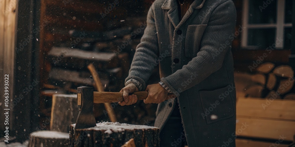 Man Chopping Wood for Winter in Snowy Setting Man Chopping Wood for Winter in Snowy Setting