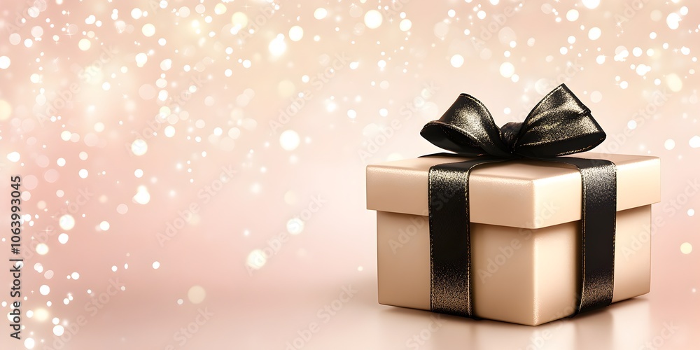 Single gift box with black ribbon on a sparkling light background. Holiday sale banner with empty copy space Single gift box with black ribbon on a sparkling light background. Holiday sale banner with empty copy space