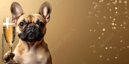 French Bulldog holding a champagne glass with golden sparkling bubbles. Long gold banner with empty copy space for New Year's Eve party. photo