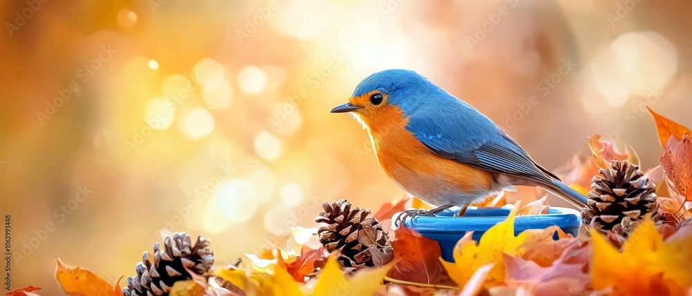 A small blue bird sitting on top of a blue bowl A small blue bird sitting on top of a blue bowl