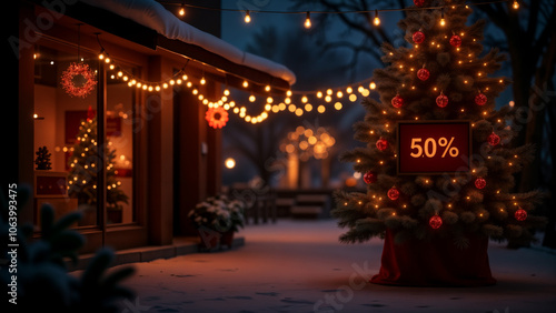 Wallpaper Mural Festive Outdoor Christmas Celebration with String Lights and Large -50% Sale Poster for Customers Torontodigital.ca