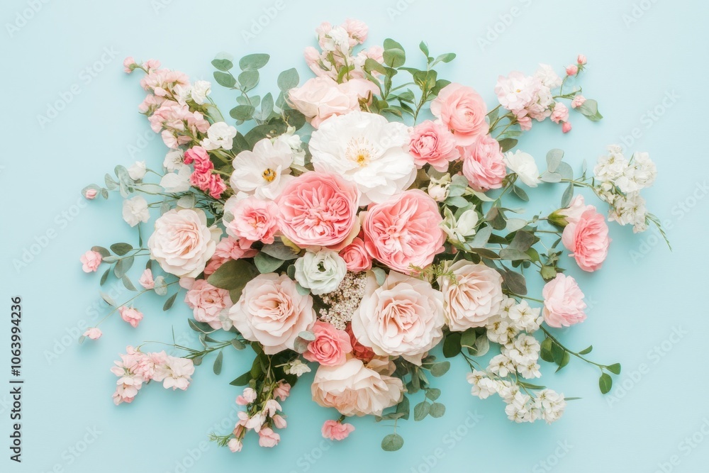 A vibrant arrangement of pink and white flowers on a soft blue background. A vibrant arrangement of pink and white flowers on a soft blue background.
