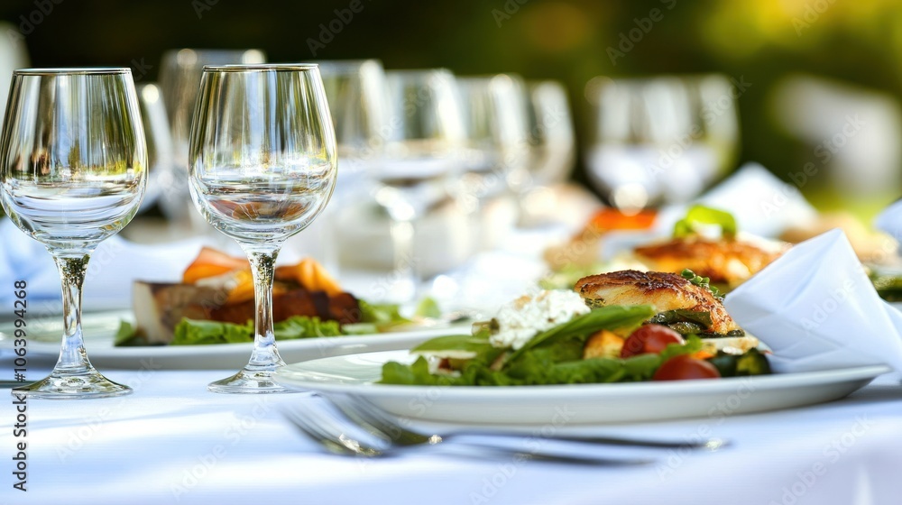 A beautifully set outdoor dining table with elegant dishes and glasses. A beautifully set outdoor dining table with elegant dishes and glasses.