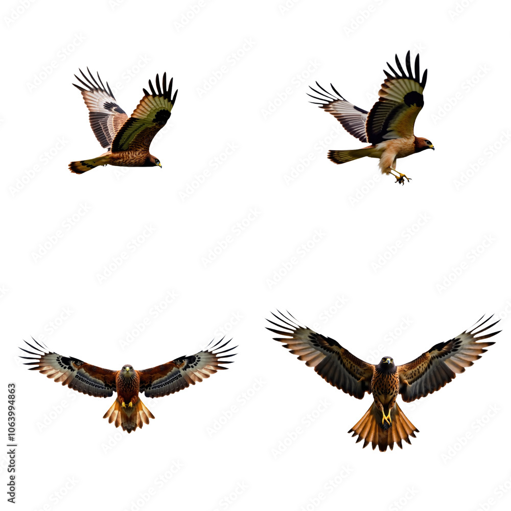 Fototapeta premium Cooper Hawk soaring in flight on alpha layer. Four bird species in motion. Bird of prey with brown body, black head, sharp beak. Ground bird with red body, black head, flying gracefully. Larger Png.