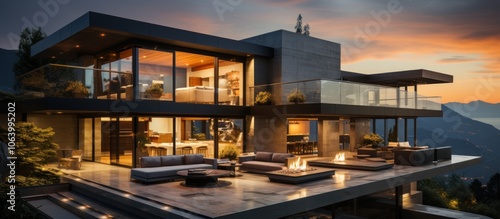 Modern luxury home with expansive views and outdoor living spaces at sunset.