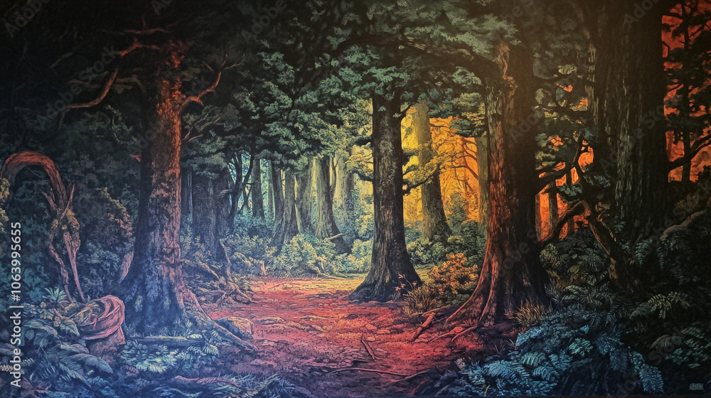 Obraz premium Enchanted Forest Mural: Colorful Path, Serene Woods, Artistic Painting