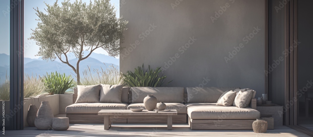 A serene outdoor lounge area with natural elements and modern design. A serene outdoor lounge area with natural elements and modern design.