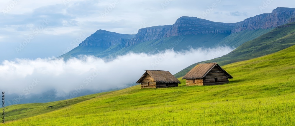 Obraz premium A couple of wooden huts sitting on top of a lush green hillside