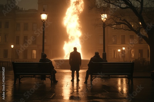 Three men in a city park, one standing and two seated on a bench, looking at a large fire in the distance. photo